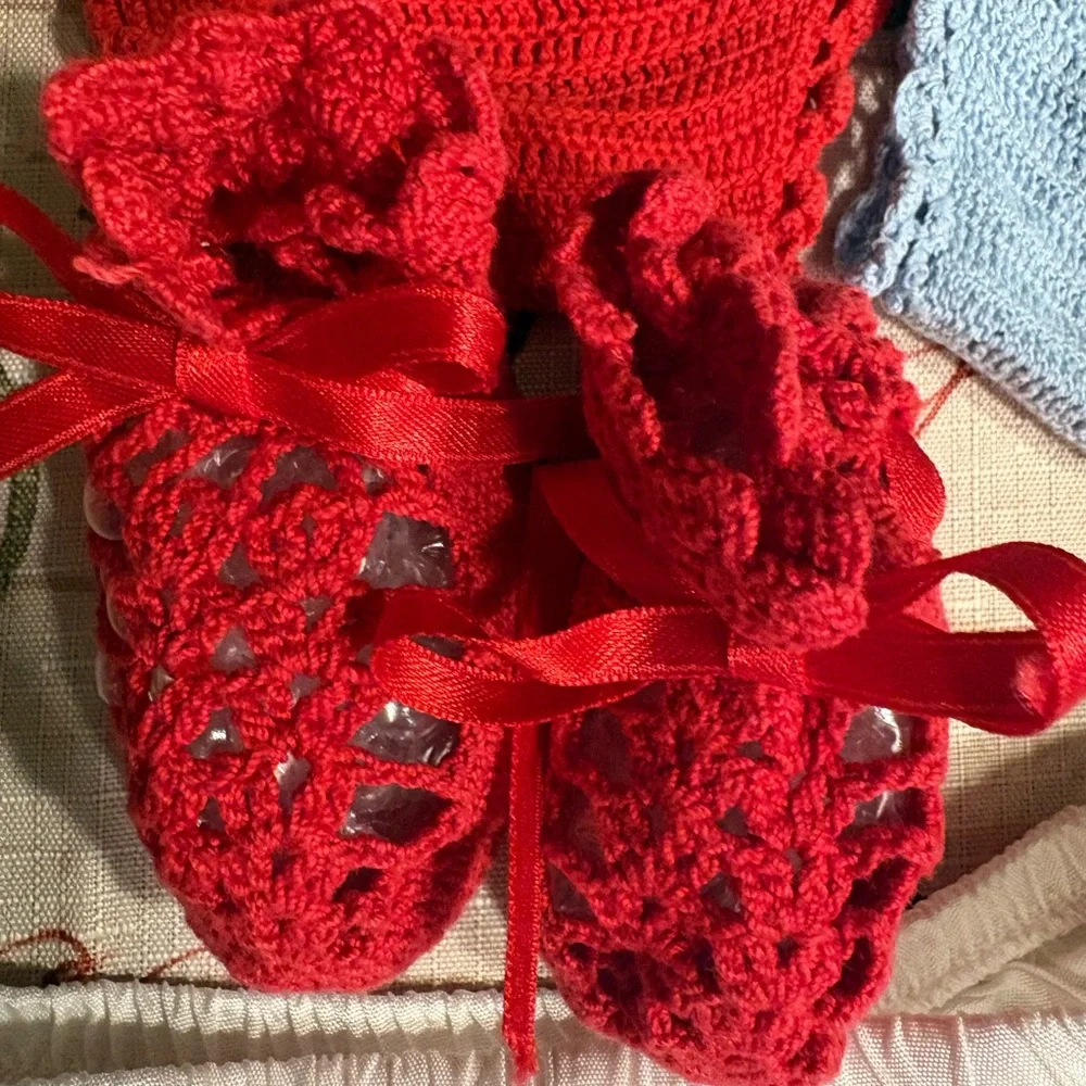 Vintage Handmade Crochet Baby Bloomers Set (Yellow, Red, Blue) + Red Booties